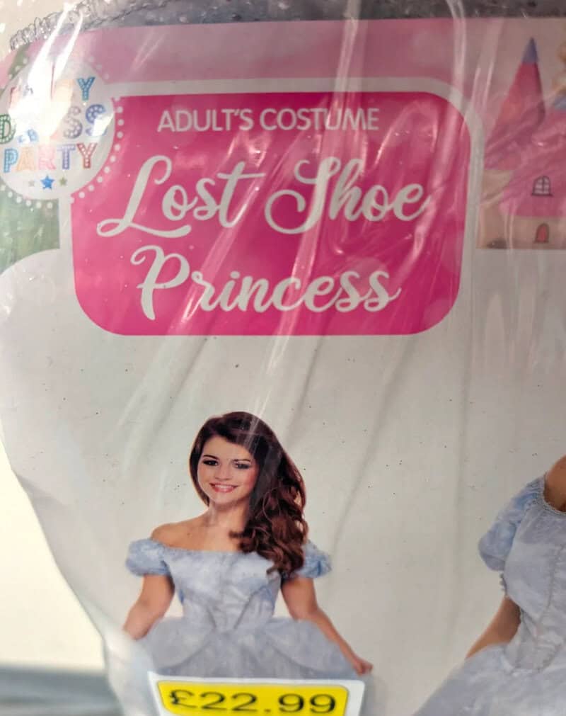 Adult's costume Lost Shoe Princess in pink packaging with a girl in a princess dress.