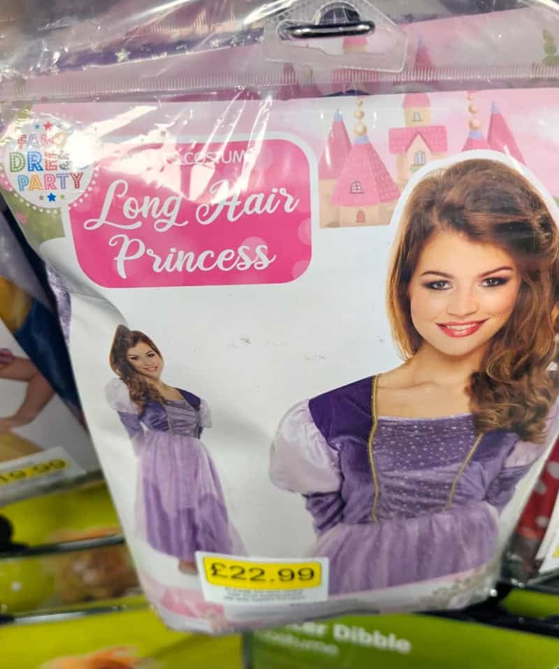 Long Hair Princess costume for kids, purple and white dress, price £22.99.