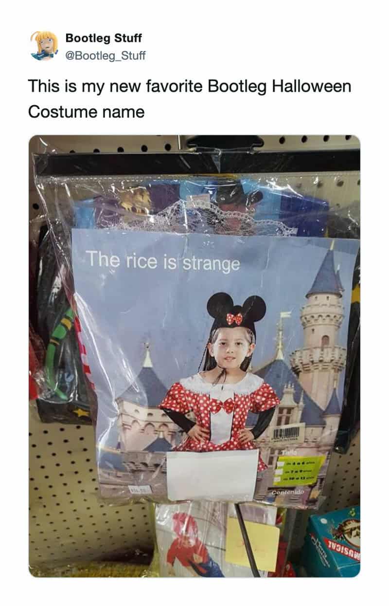 Bootleg Halloween costume with a girl in a Minnie Mouse dress and castle background.