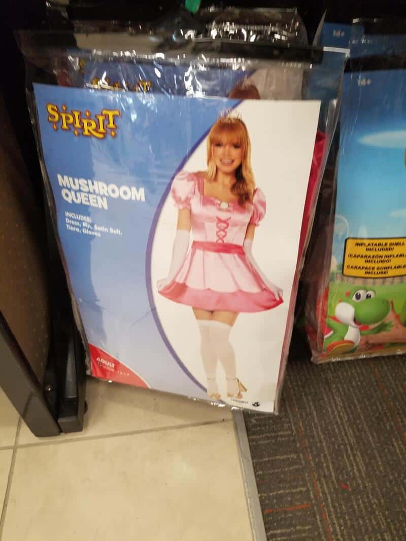 Mushroom Queen costume from Spirit Halloween, pink dress with mushroom design, blonde wig.