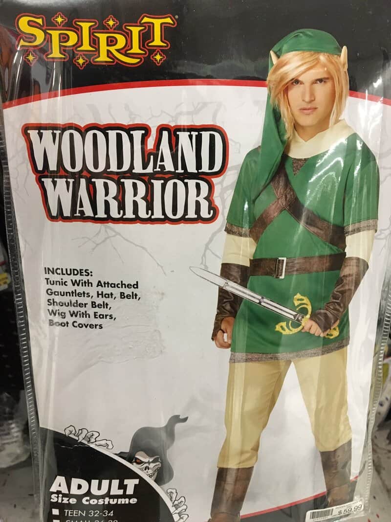 Woodland Warrior costume with tunic, gauntlets, hat, belt, and sword for adults.