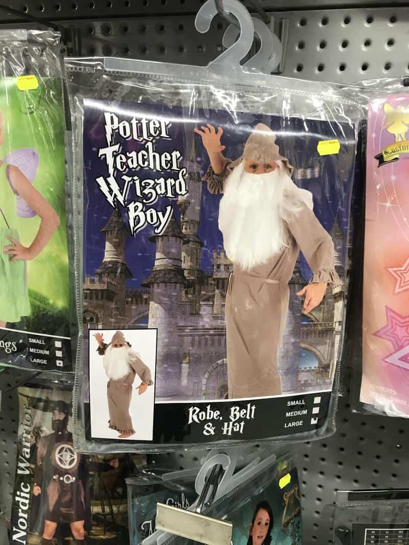 Potter Teacher Wizard Boy costume with robe, belt, hat, and beard for kids.