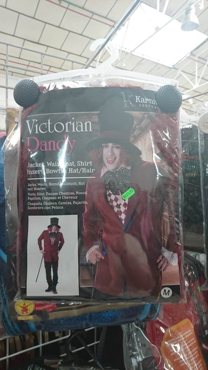 Victorian Dandy costume with jacket, waistcoat, shirt, bow tie, top hat, and accessories.