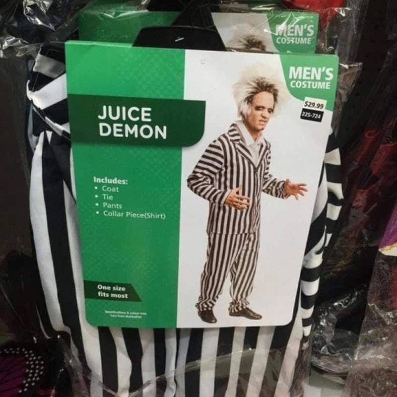Juice Demon men's costume with coat, tie, pants, and collar piece, one size fits most.