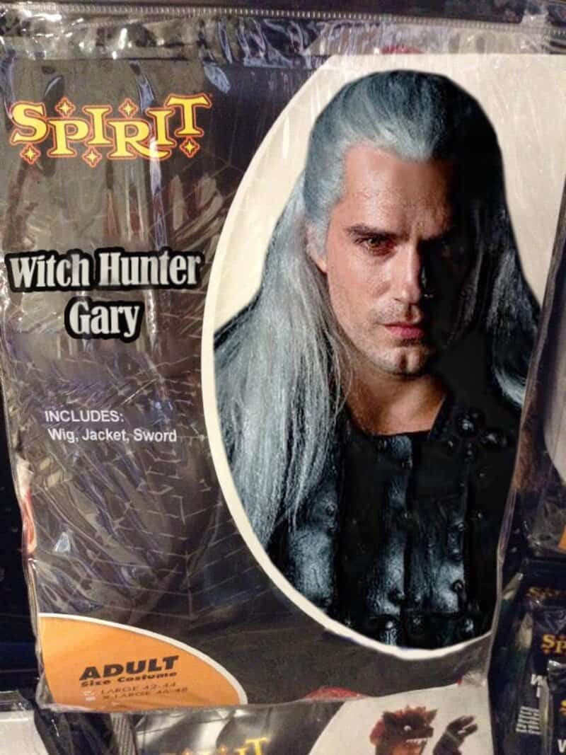 Witch Hunter Gary costume with wig, jacket, and sword from Spirit Halloween.