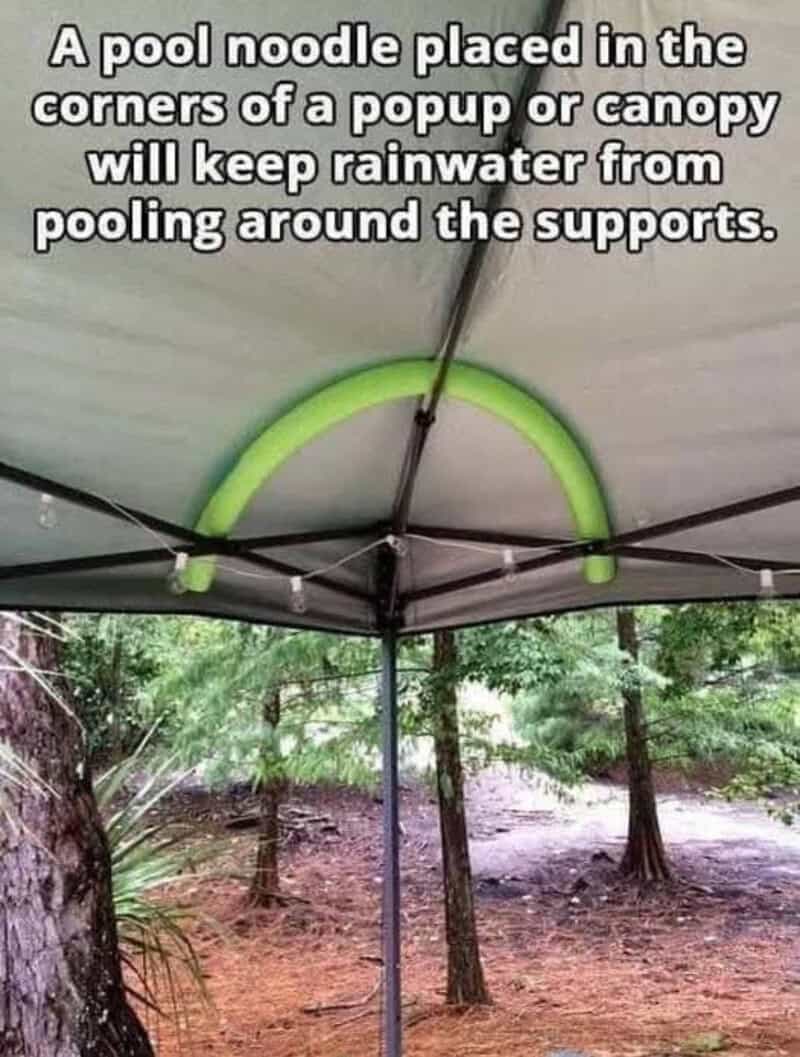 Pool noodle in tent corner to prevent rainwater pooling, as shown in the image.