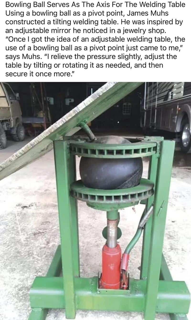 Bowling ball serving as the axis for a welding table with a green frame.
