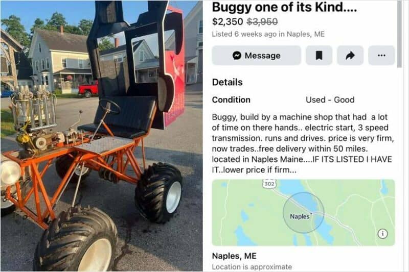 Custom-built go-kart with large tires and a seat, for sale in Naples, ME.
