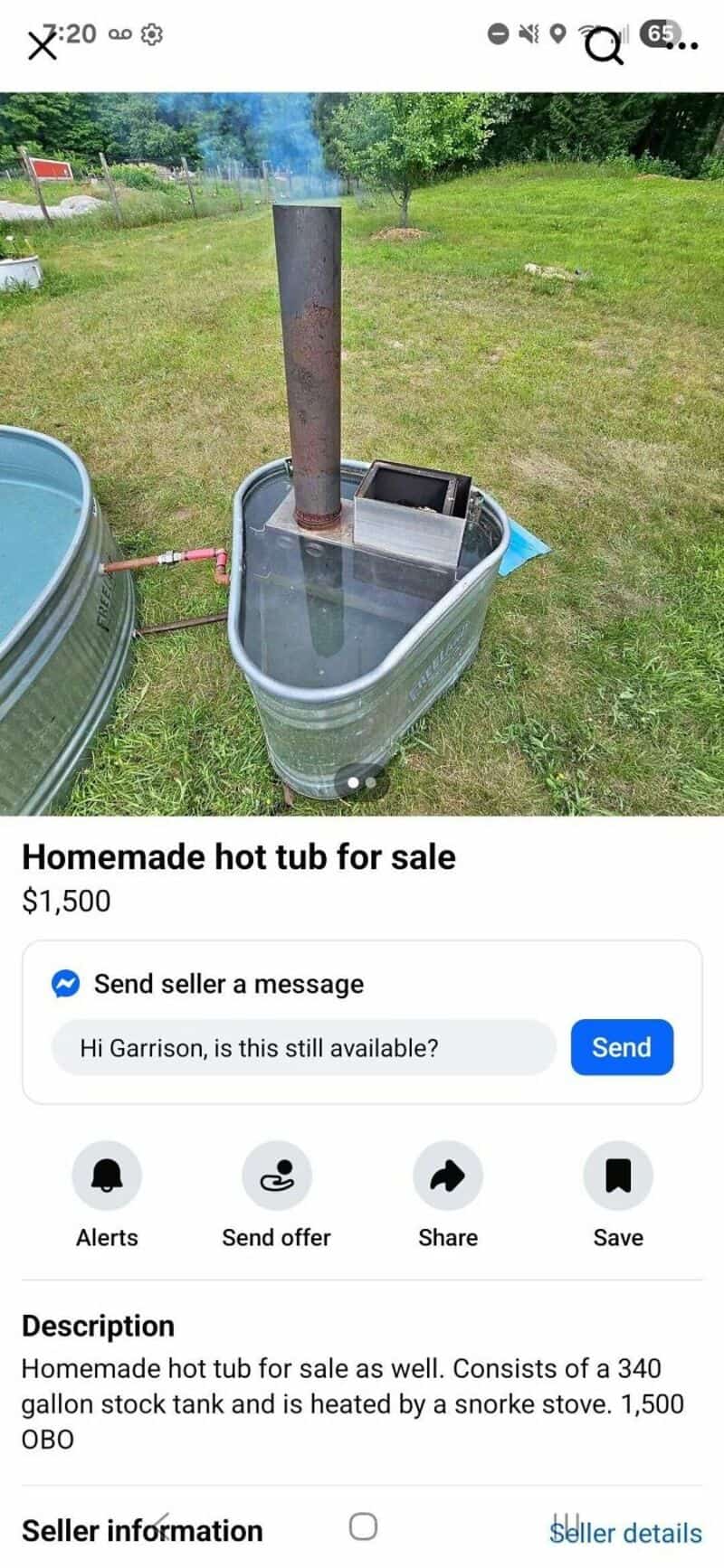Homemade hot tub for sale with a 340-gallon stock tank, heated by a snake stove, $1,500.
