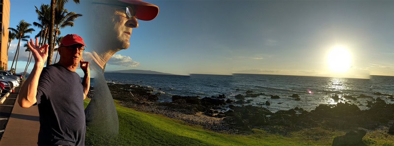 A woman in a red hat and sunglasses near the coast, with a superimposed large face of a man wearing.