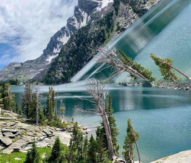 Panoramic view of a lake with mountains, trees, and a fallen tree in the foreground.
