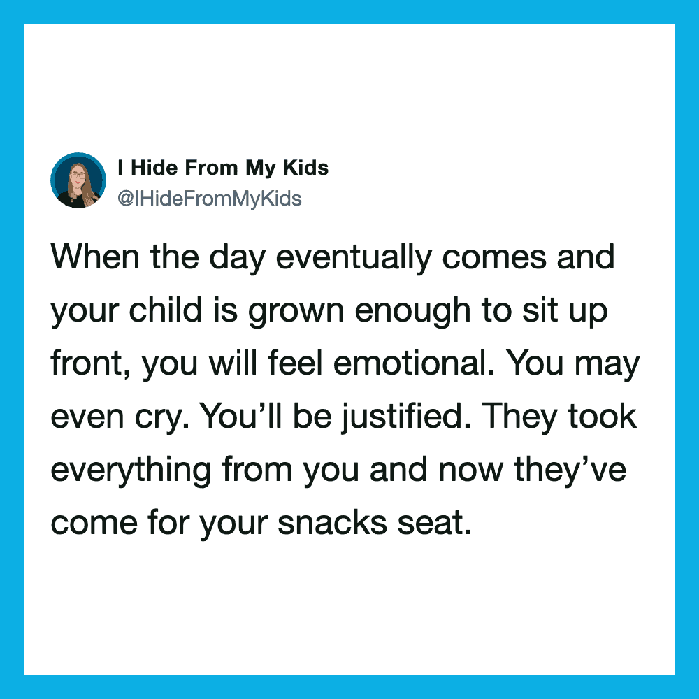 Parenting tweet about feeling emotional when kids grow up and take your snacks seat.