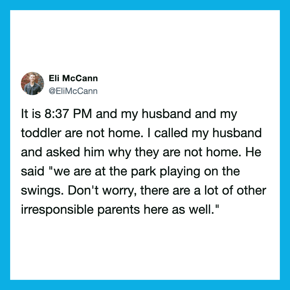 Parenting tweet about a toddler at the park, not home at 8:37 PM.