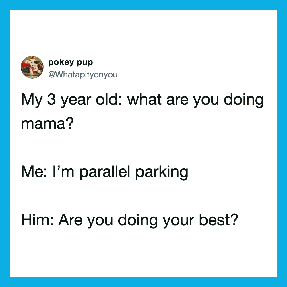 A tweet about a 3-year-old asking about parallel parking and a humorous reply.