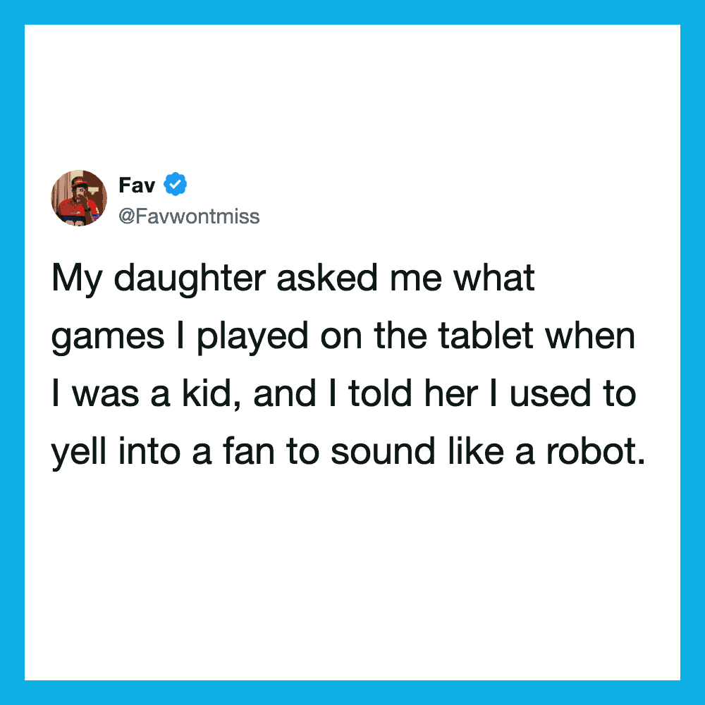 A tweet from Fav about her daughter asking about her childhood games.