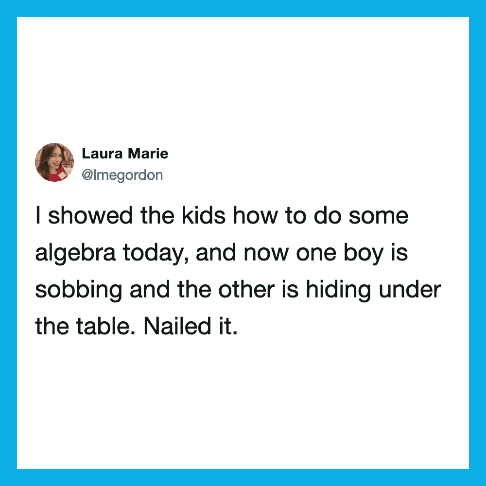 Laura Marie's tweet about kids' algebra class, one sobbing, one hiding under table.