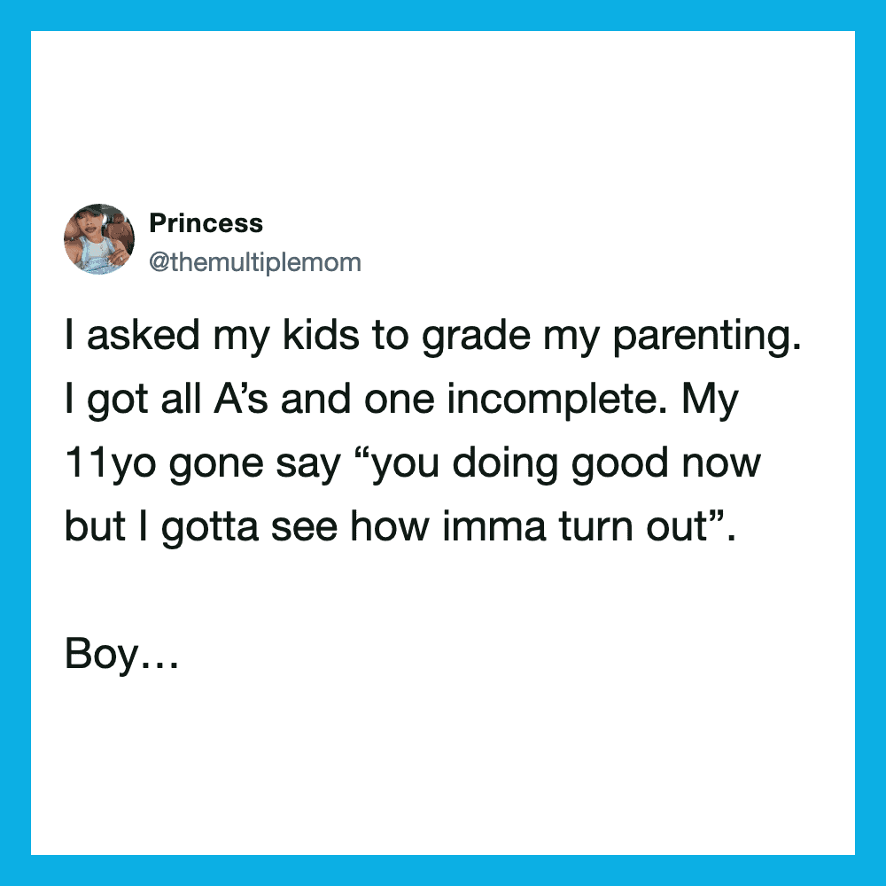 A tweet from Princess about grading parenting, mentioning her 11-year-old's response.