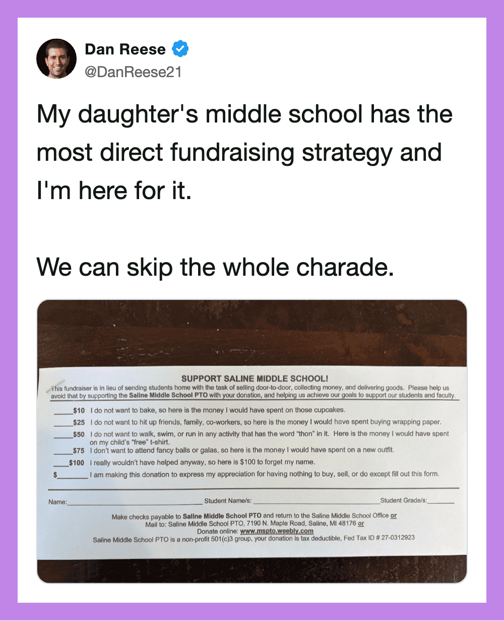 Dan Reesе tweet about fundraiser for Saline Middle School and a fundraising form shown in the image.