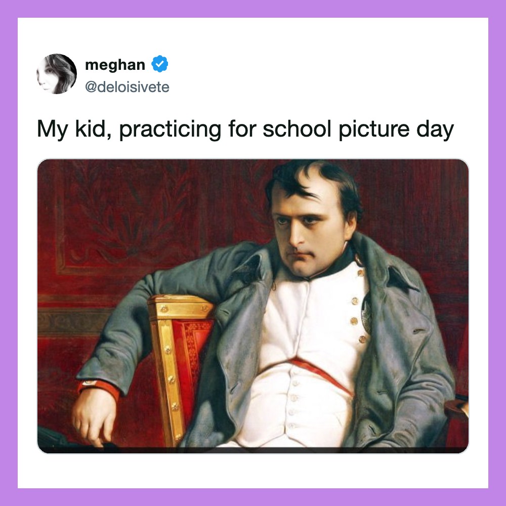 Meghan's tweet image: a painting of a man in a white shirt and green coat seated, with a red chair,.