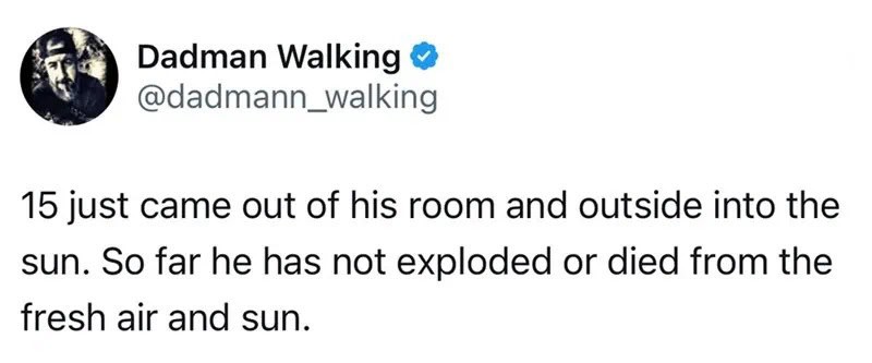 Dadman Walking tweet about a child coming out of his room into the sun.