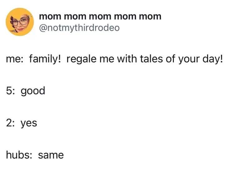 Mom asking family to share tales of their day, with responses 'good', 'yes', and 'same' in a chat.