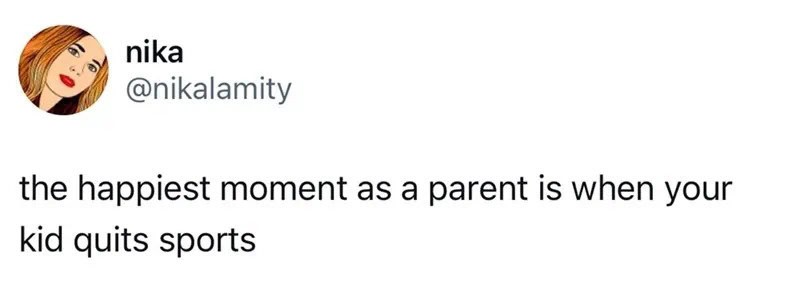 A parent and child celebrating after the kid quits sports.