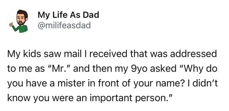 A humorous tweet about a child's misunderstanding of mail addressed to 'Mr.'.