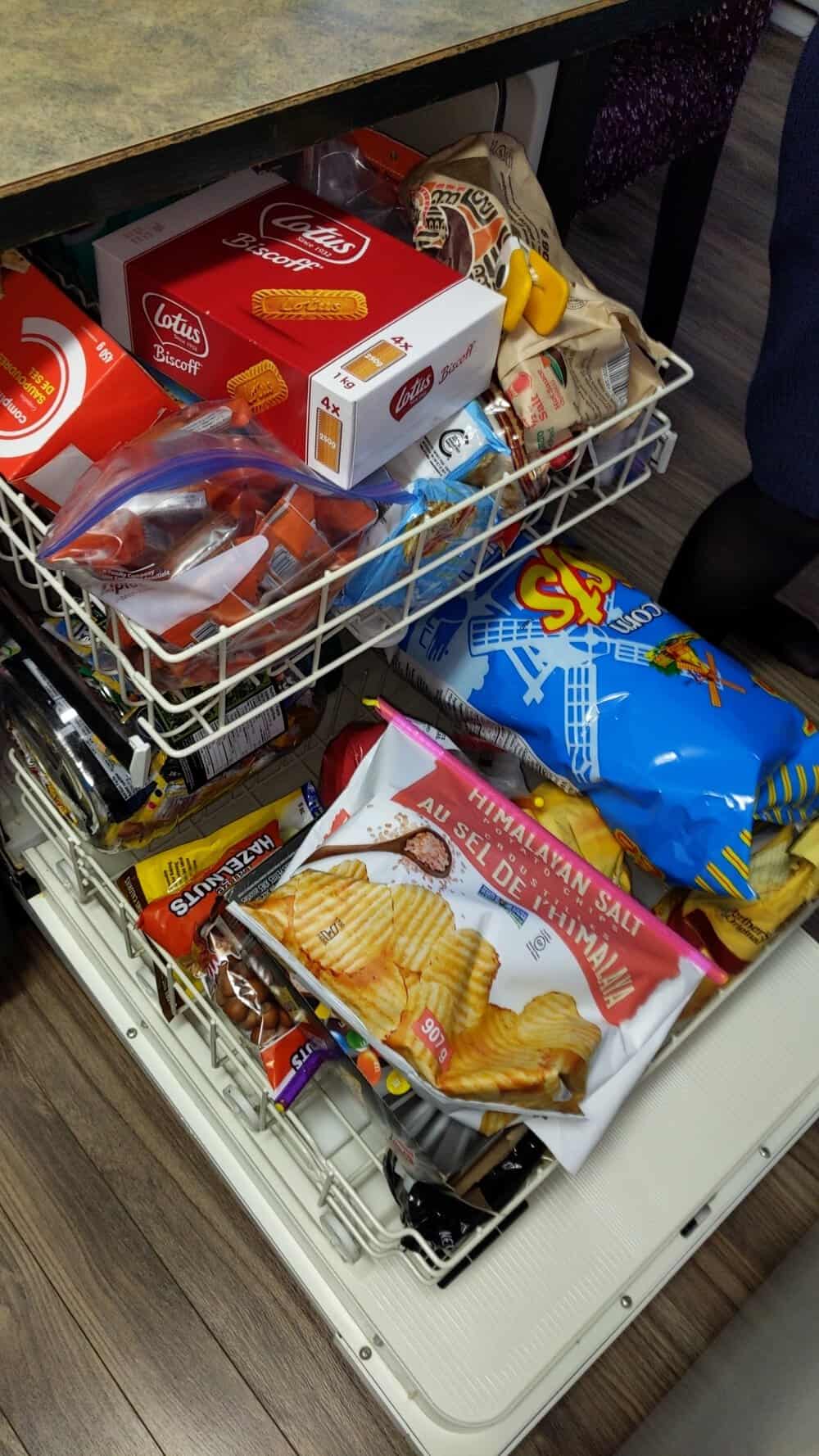 Basket of snacks including chips, cookies, and crackers on a store shelf.