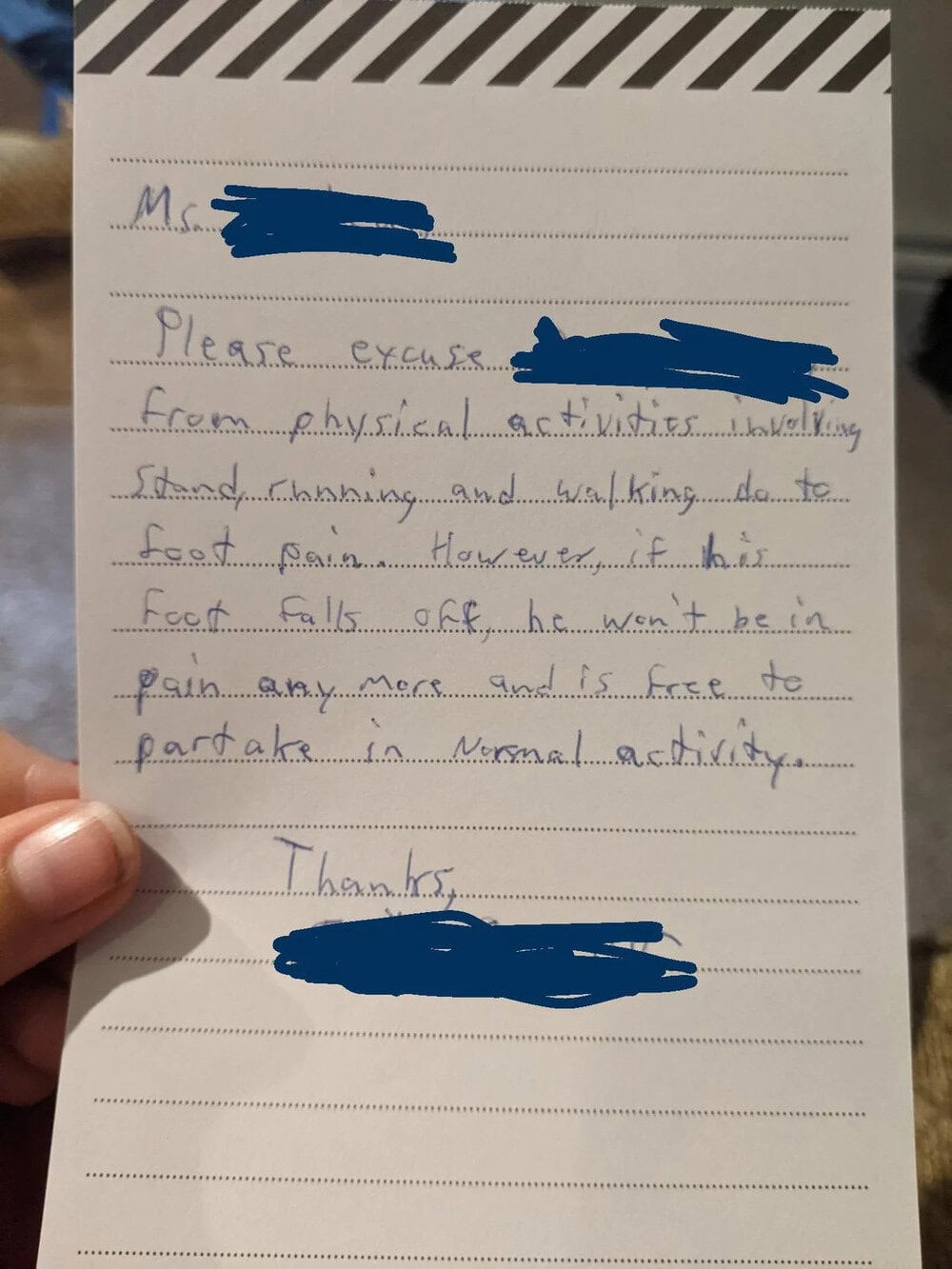 Note requesting excused absence for physical activities due to foot pain.