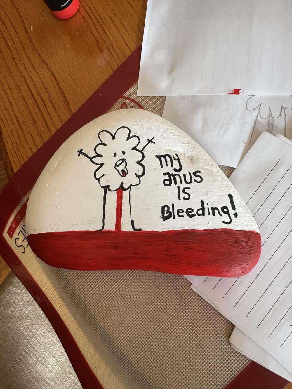 Painted rock with a cartoon sheep and text 'my amus is Bleeding!'.
