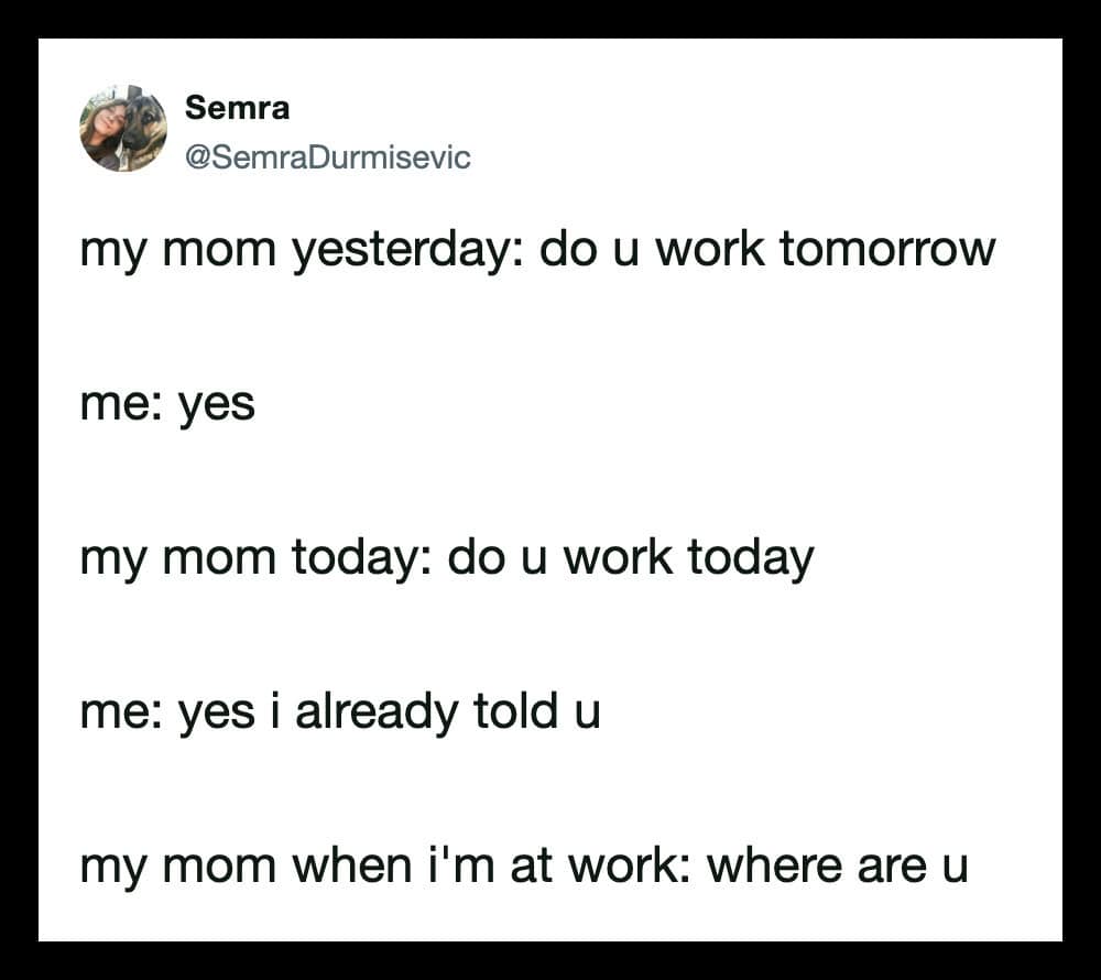 A humorous text conversation about work between a mom and her child.