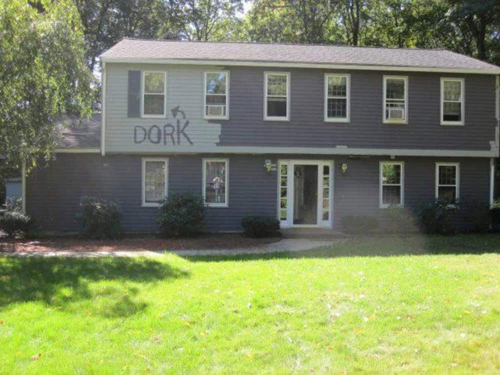 House with graffiti saying 'DORK' and a drawing of a bird.