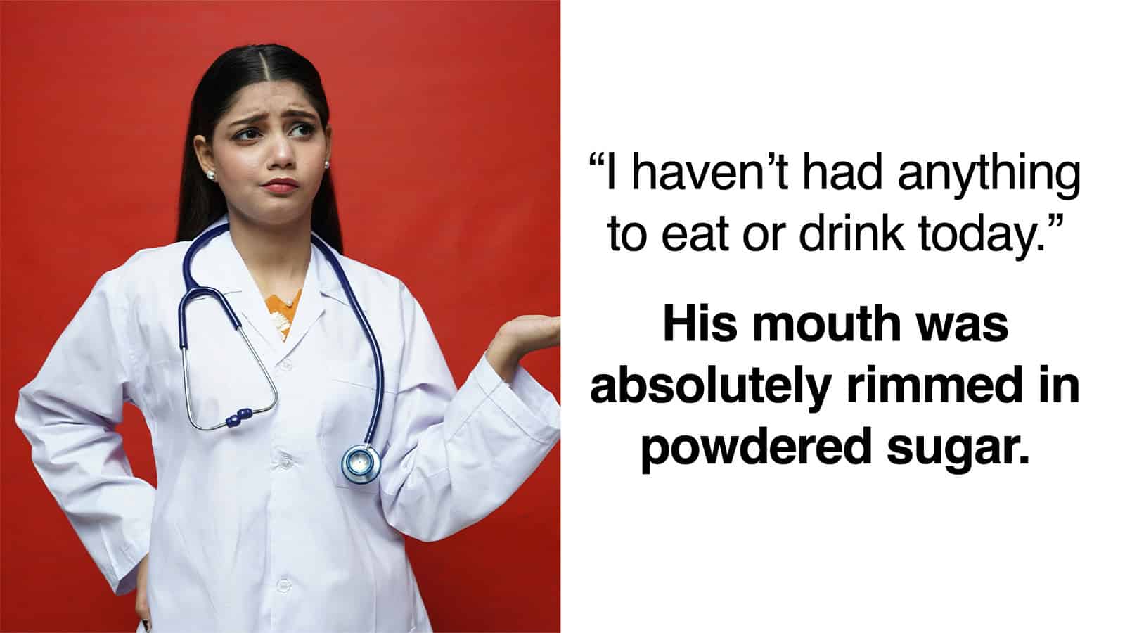 Doctor with a confused expression, hand raised, red background.