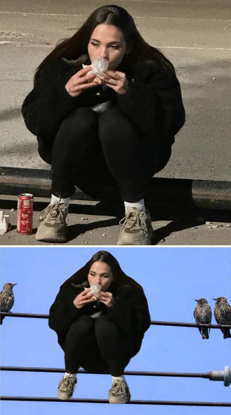 Woman squatting on street, eating a sandwich, with pigeons in the second image.
