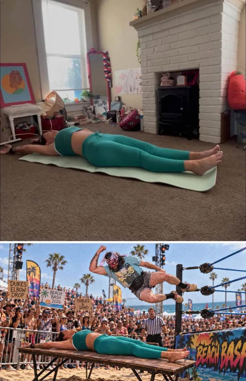 Person lying on yoga mat with a woman jumping over her at an outdoor event.