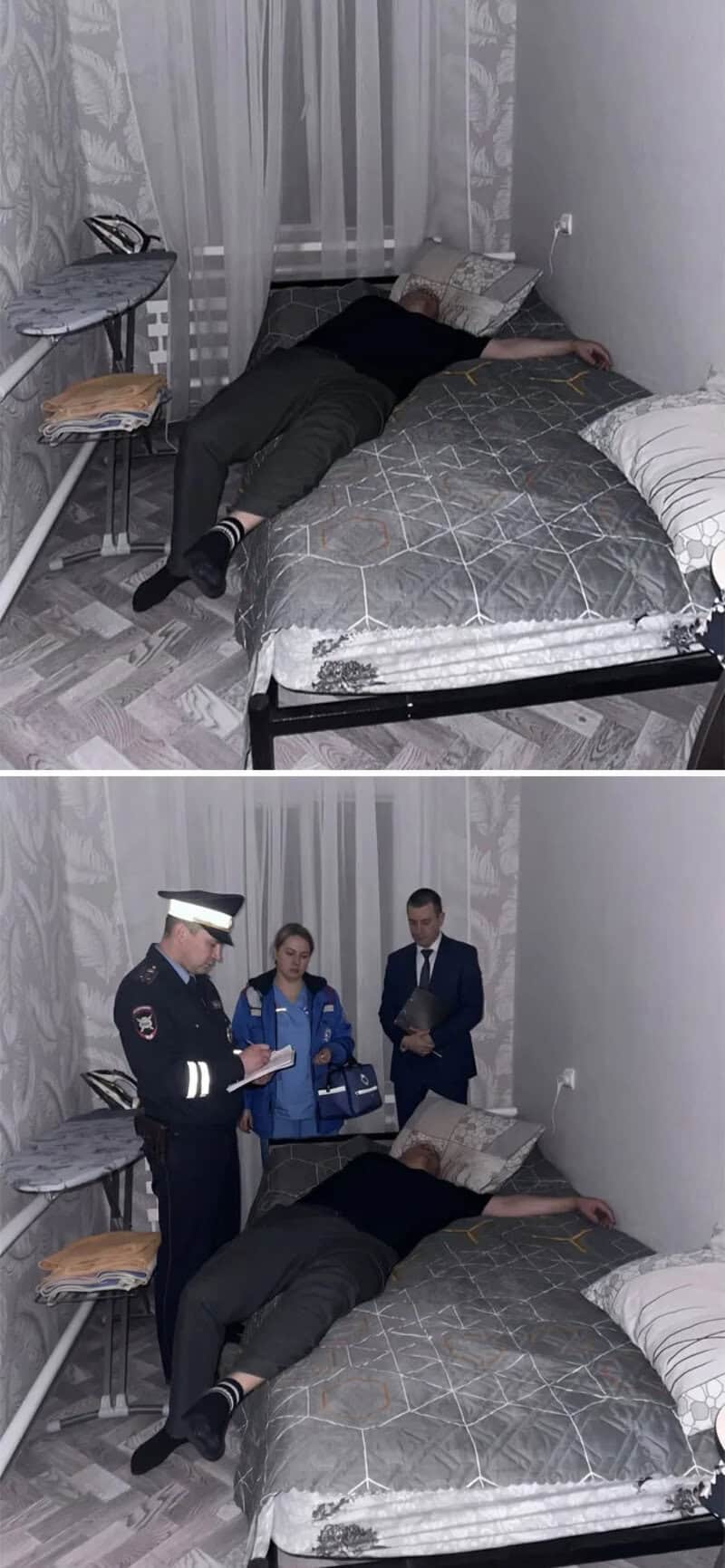 Person lying on bed with police and another person standing nearby.