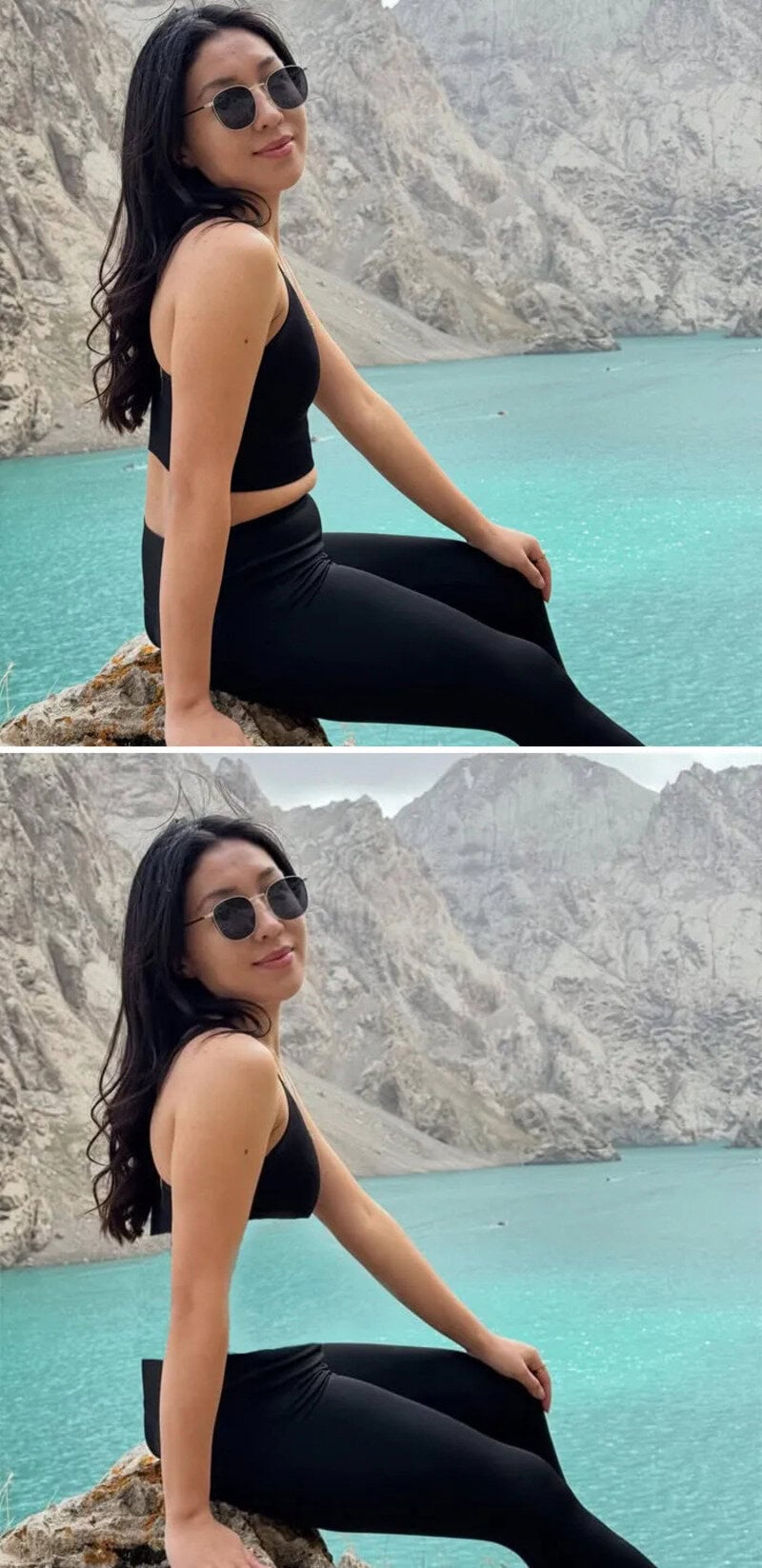 Woman in black outfit sitting by turquoise water with mountains in background.
