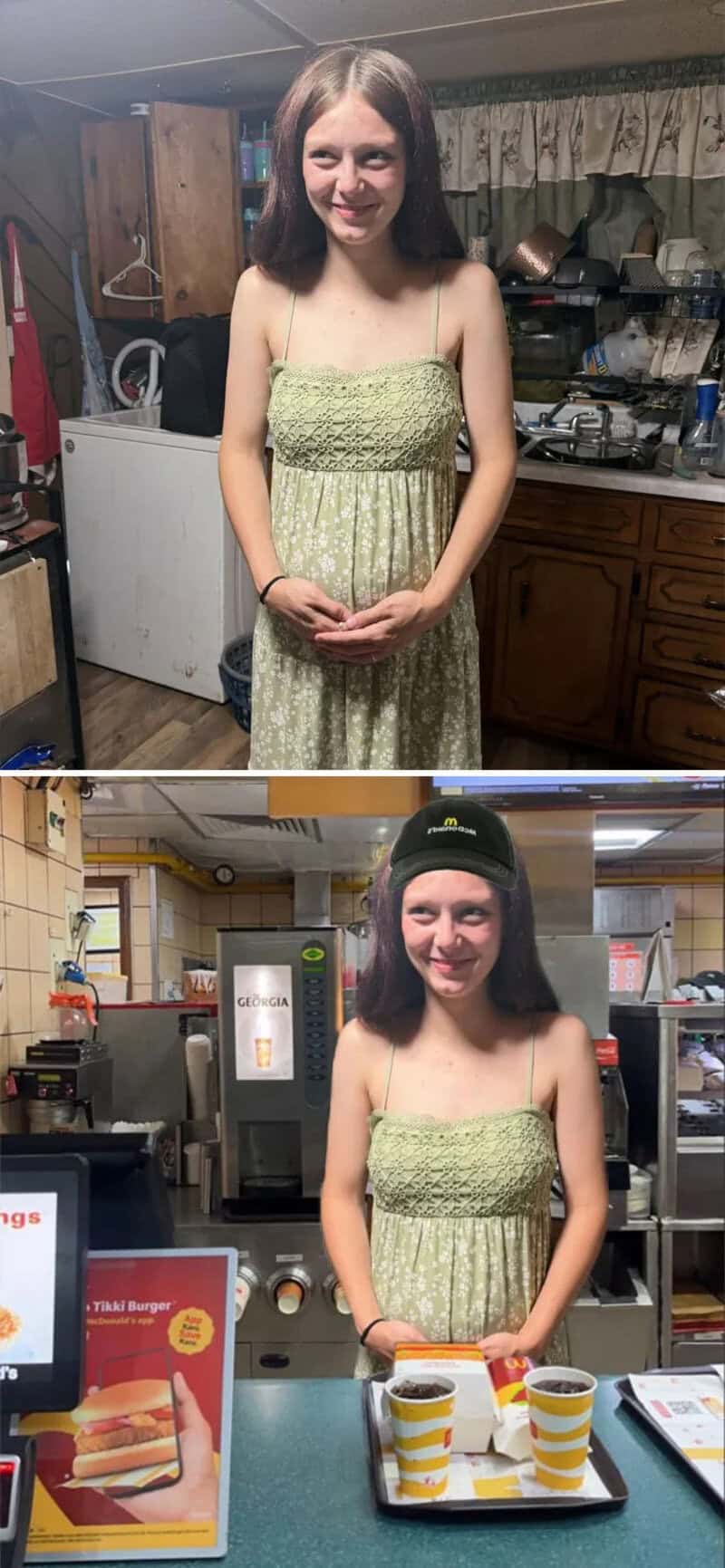 Girl in a green dress holding a tray with two cups, before and after Photoshop.