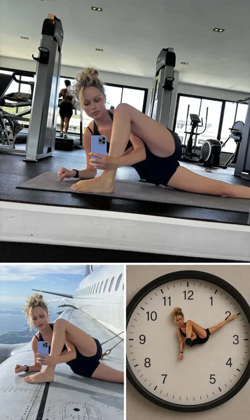 Young woman taking a selfie in gym, sitting on floor with one leg extended.