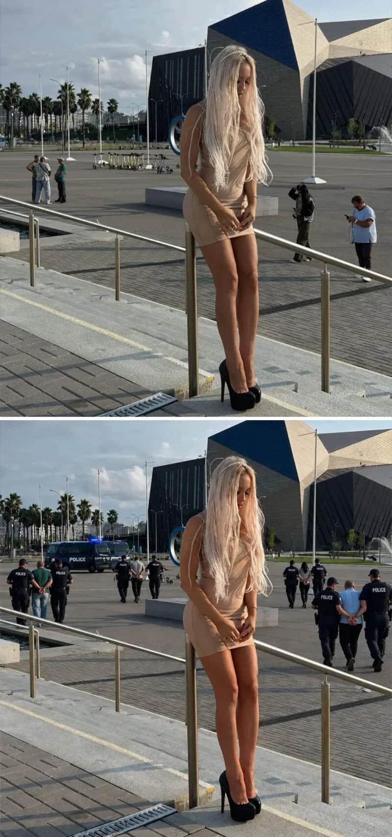 Woman with long blonde hair in a beige dress and high heels standing outside.