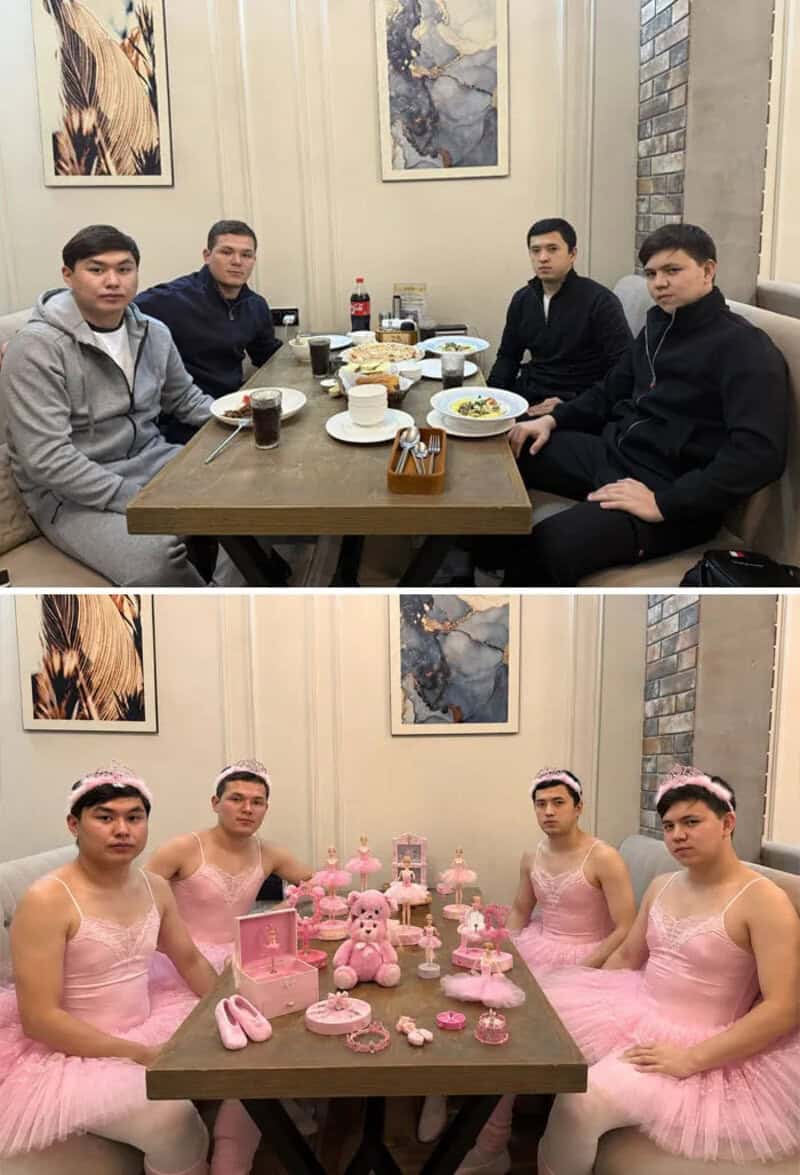 Four men in casual clothes at a dinner table, then four men in pink tutus and tiaras with pink toys.
