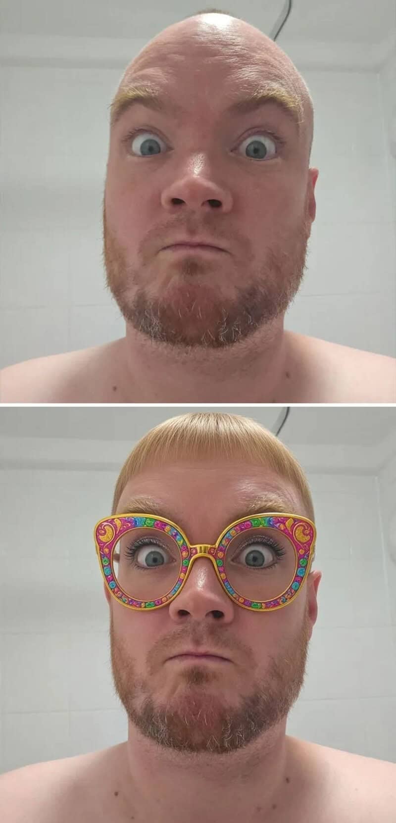 Man with surprised expression, before and after wearing colorful glasses.