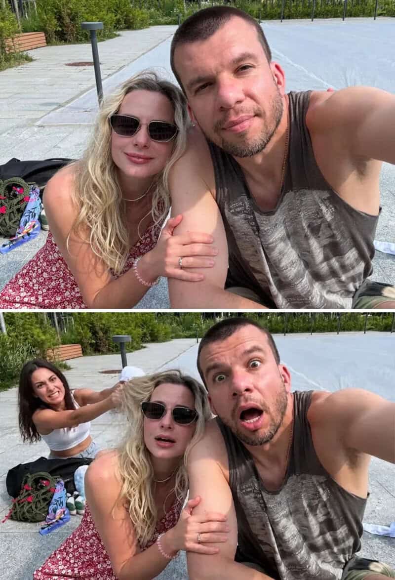 Two friends taking selfies at a park, one with sunglasses, the other with a surprised expression.