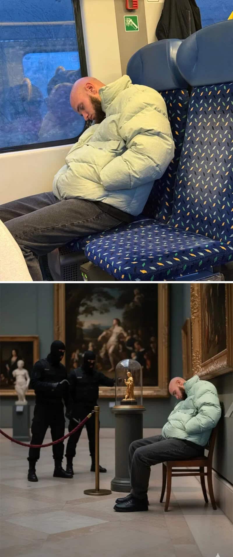 Man sleeping on train seat wearing a light green puffer jacket.