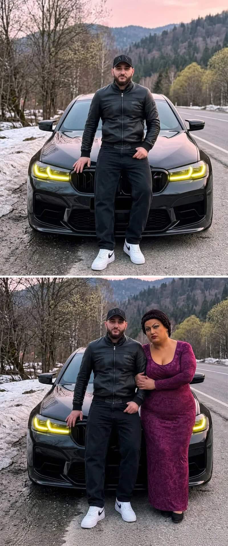 Man and woman with a black car on a mountain road, winter scenery.