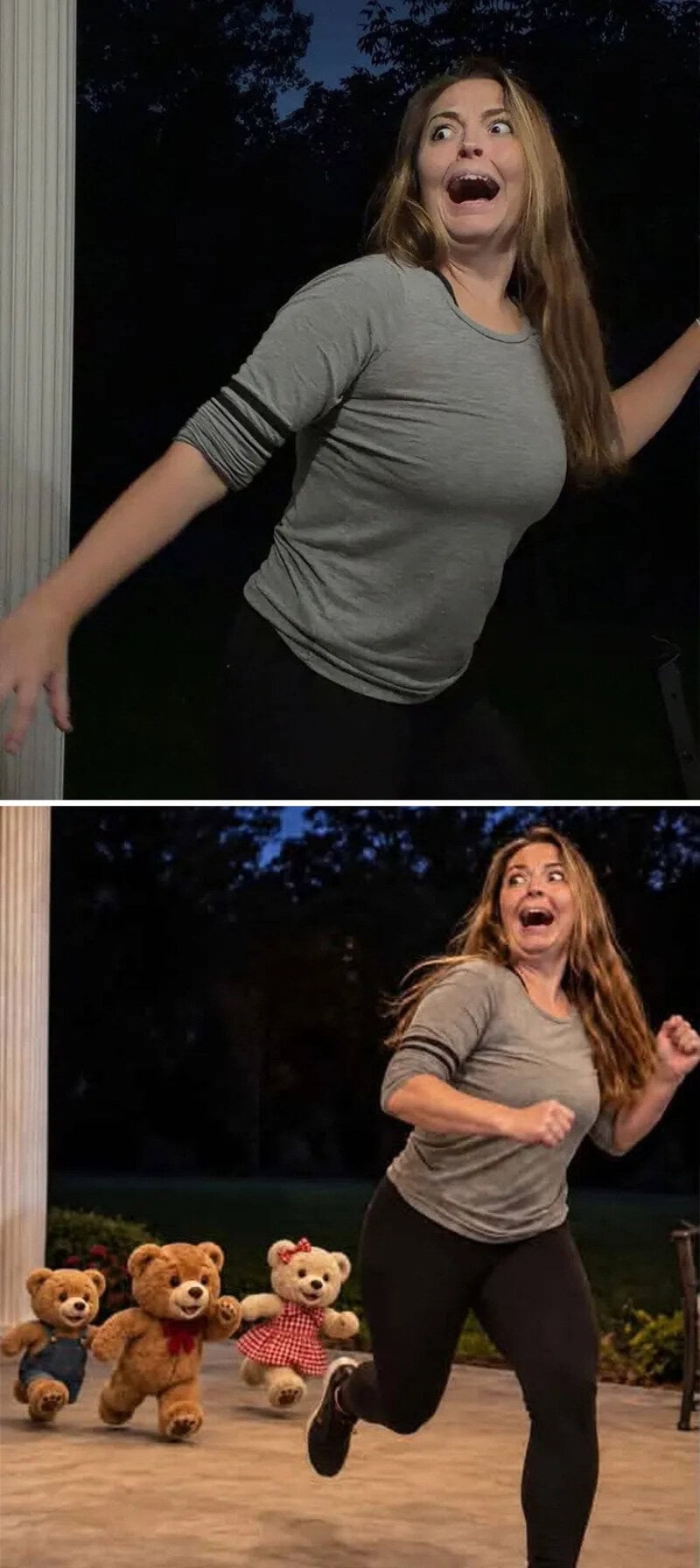 Woman with long hair in gray shirt looking scared, outside at night.