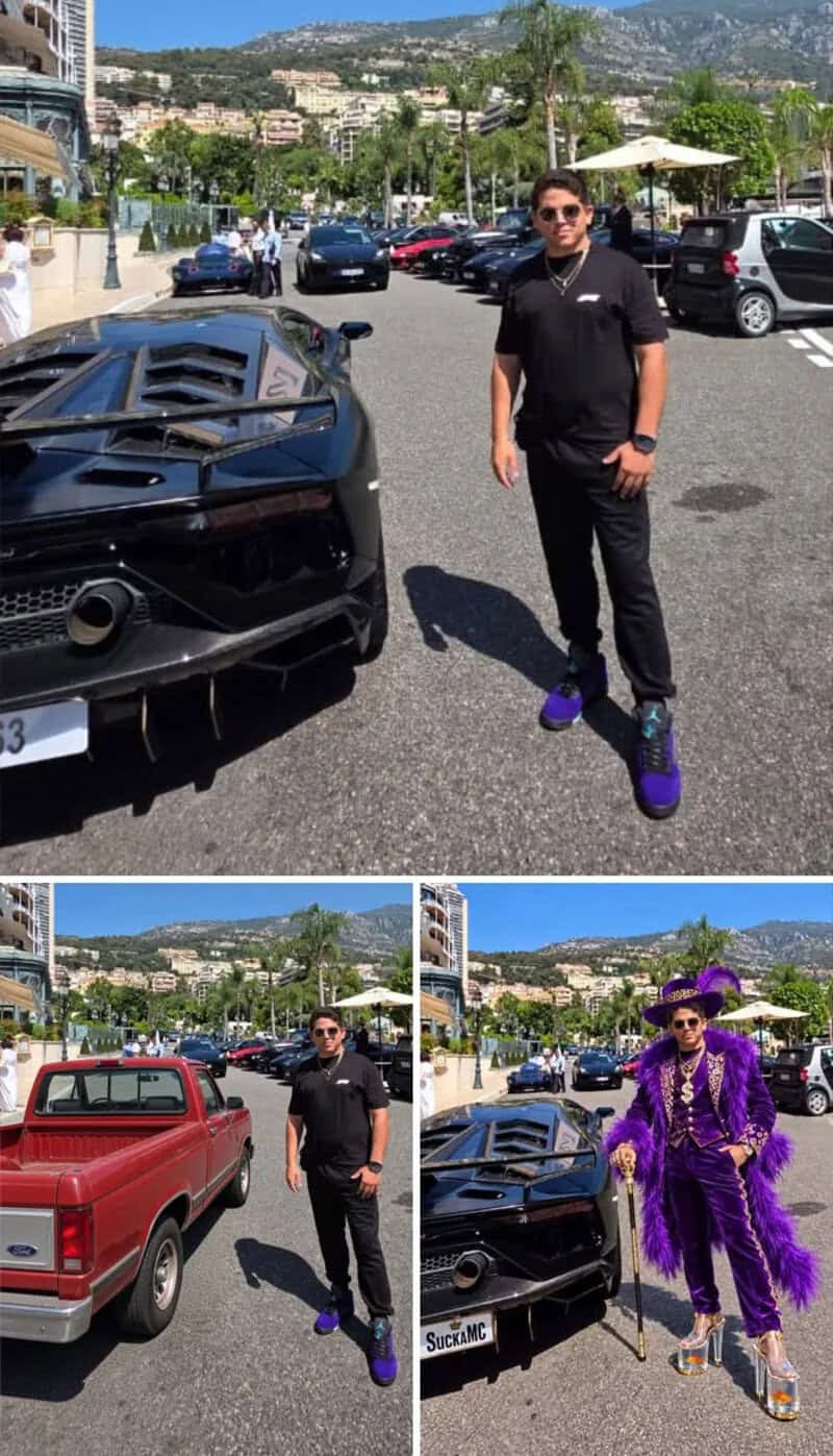 Man in black shirt and purple shoes standing next to a black sports car.