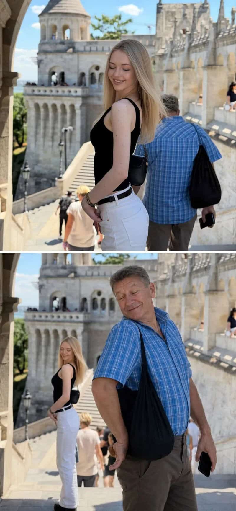 Young woman and older man with black bags at a castle, smiling and posing.
