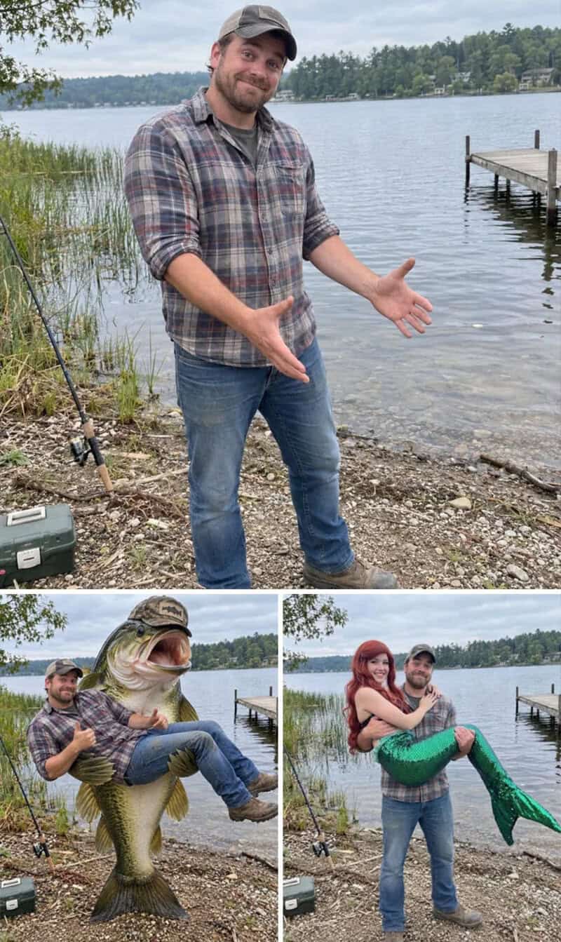 Man by lake with fishing gear, holding a giant fish and a mermaid, funny photos.