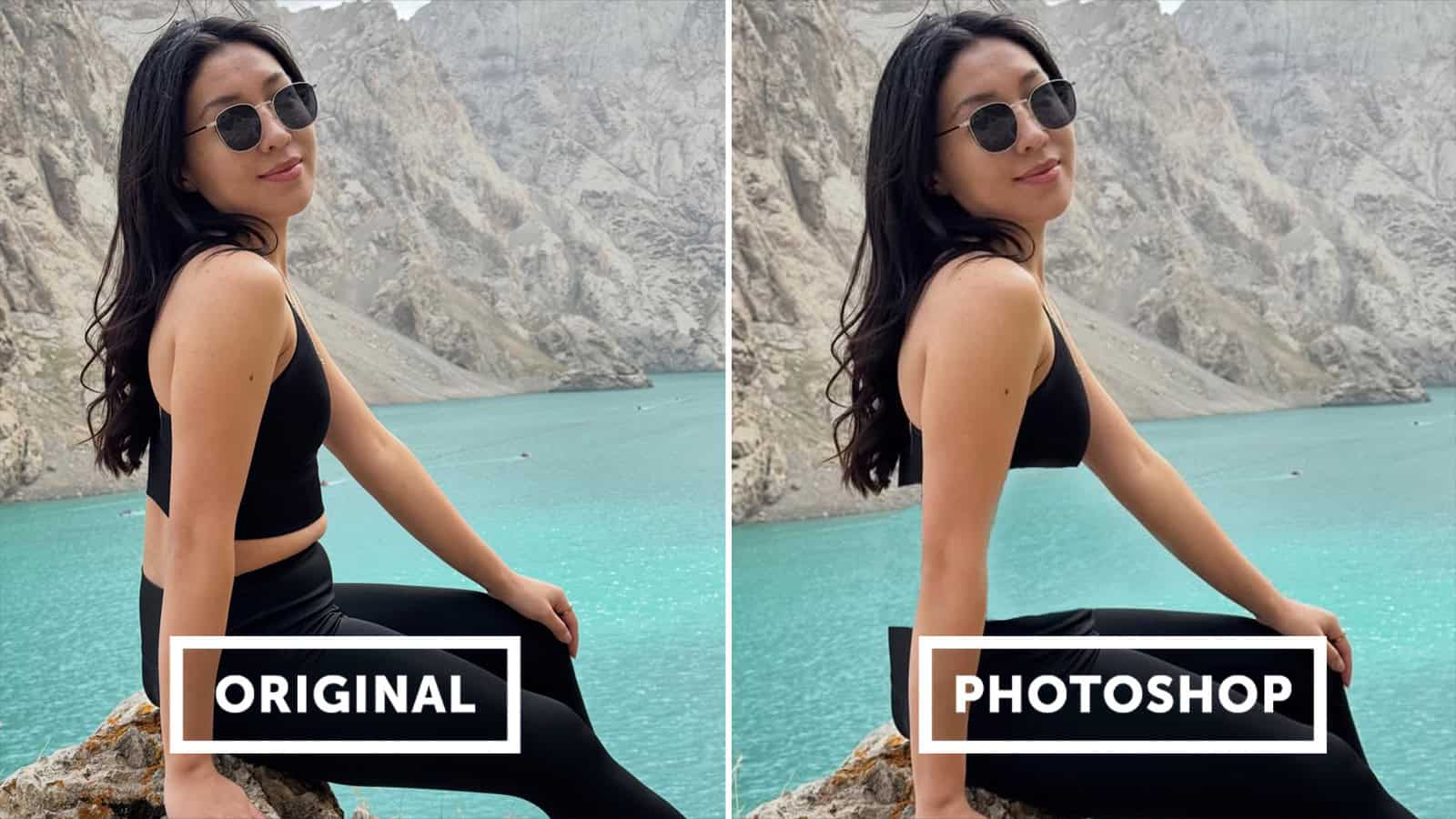 Side-by-side comparison of a woman in black at a lake, original and photoshopped.